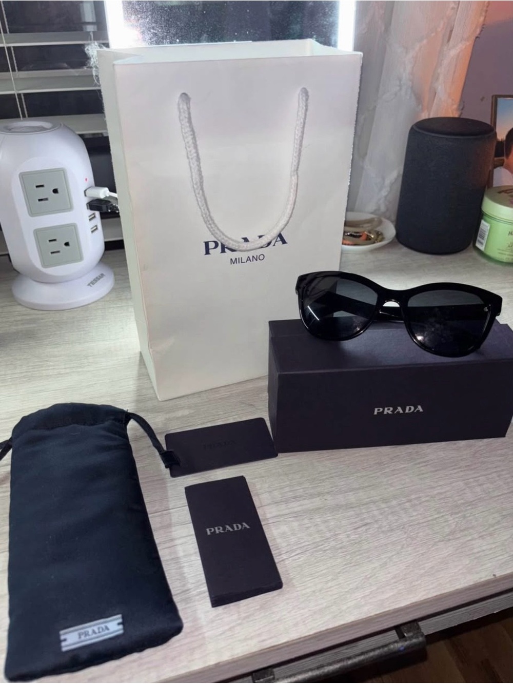 Authentic Prada Black Gloss Cat-Eye Sunglasses with Black Accessories